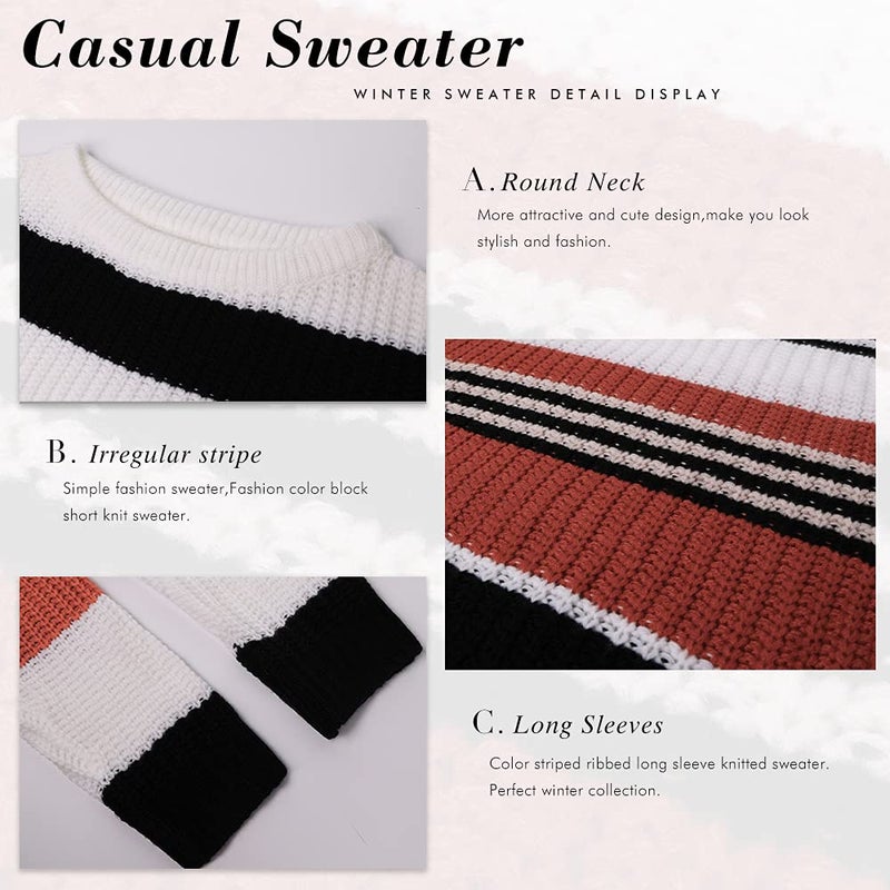KIRUNDO Women's 2025 Fall Winter Striped Color Block Short Sweater Long Sleeve Crew Neck Casual Loose Knit Pullover Tops(Medium, 1977-Orange) - Image 5
